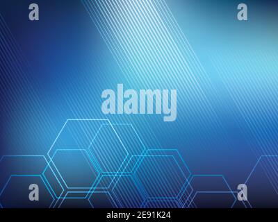 Technologie de fond bleu abstrait avec formes hexagonales et lignes parallèles. Arrière-plan lumineux et couleurs vives. Illustration de Vecteur