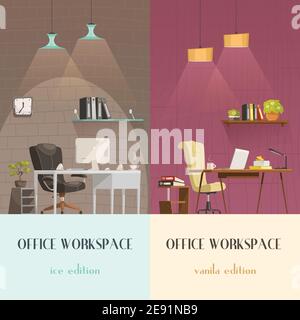 Solutions d'éclairage pour un espace de travail moderne Environnement agréable 2 vertical bannières de dessin animé fond coloré illustration vectorielle isolée Illustration de Vecteur