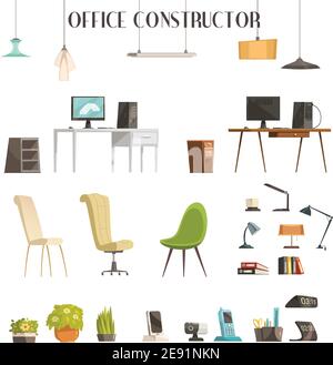 Accessoires intérieurs icônes de style dessin animé pour votre espace de bureau illustration vectorielle isolée à la mode et à la rénovation réussie Illustration de Vecteur