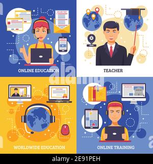 Concept de conception de formation d'éducation en ligne quatre icônes carrées avec descriptions de l'enseignement en ligne enseignant éducation dans le monde entier et formation en ligne ven Illustration de Vecteur