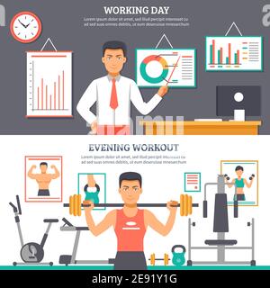Deux bandeaux horizontaux de routine homme quotidien avec descriptions de illustration vectorielle de l'entraînement de jour et de soir Illustration de Vecteur