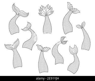 Ensemble de queues de sirène dessinées à la main dans le style de l'oodle isolé sur fond blanc. Illustration vectorielle noire et blanche pour les cahiers de dessin ou de coloriage. Illustration de Vecteur