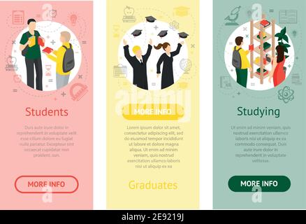 Bannières verticales isométriques de l'université avec les étudiants diplômés et étudiants dans la bibliothèque sur des arrière-plans colorés, illustration vectorielle isolée Illustration de Vecteur