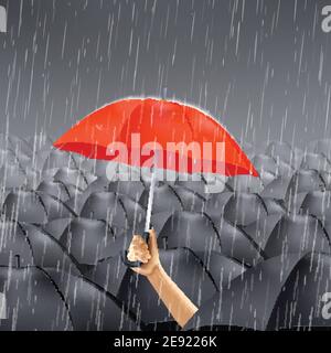 Main humaine tenant parapluie rouge sous de nombreux parasols noirs réaliste illustration vectorielle Illustration de Vecteur
