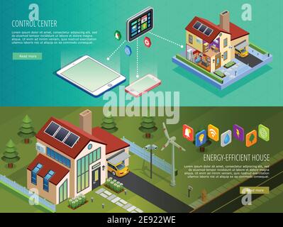 Internet des objets infrastructure de maison intelligente 2 bannières horizontales isométriques avec illustration vectorielle isolée de l'alimentation en énergie contrôlée par ordinateur Illustration de Vecteur