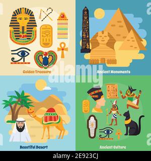 Égypte concept icônes ensemble avec des symboles de culture ancienne isolé à plat illustration vectorielle Illustration de Vecteur
