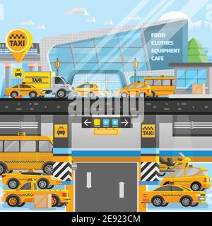 Composition de voitures de taxi avec des véhicules sur le stationnement souterrain et terrestre dans une illustration vectorielle de style plat Illustration de Vecteur