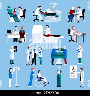 Médecin et infirmière patients traitements et pictogrammes plats d'examen avec des symboles de santé abstrait vecteur isolé illustration Illustration de Vecteur