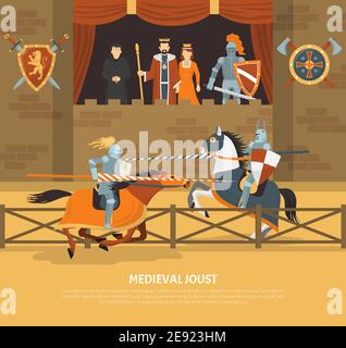 Illustration médiévale joute avec chevaliers en armure à cheval et le public de sang royal dans l'illustration vectorielle plate de loge Illustration de Vecteur