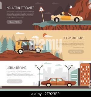 Jeu de bannières horizontales avec voitures de tourisme pour les villes tout-terrain et illustration de la conduite en montagne à vecteur plat Illustration de Vecteur