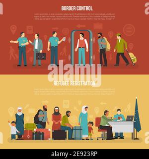 Ensemble de bannières horizontales sur l'immigration pour le contrôle des frontières et l'enregistrement des réfugiés compositions de conception illustration à vecteur plat Illustration de Vecteur