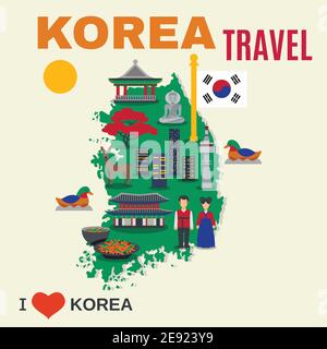 Affiche de voyage mondiale pour les visiteurs de corée avec carte et culturel les symboles et repères nationaux ne sont pas représentés par une illustration vectorielle plate Illustration de Vecteur