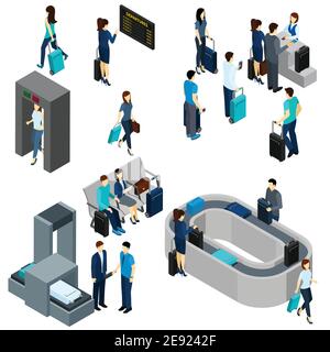 Personnes dans le salon de l'aéroport et sur le contrôle de sécurité vecteur isométrique illustration Illustration de Vecteur