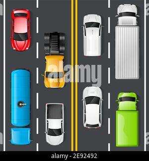 Concept de circulation routière avec vue de dessus des voitures et des camions illustration du vecteur de route asphaltée Illustration de Vecteur