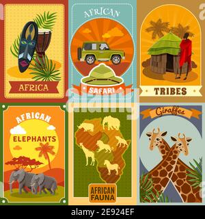 Affiches de dessins animés de safari africain avec des symboles de tribus et de faune illustration vectorielle isolée Illustration de Vecteur