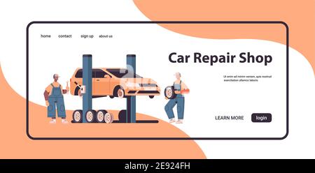 mélanger les mécaniciens de course travaillant et fixant automobile de service de voiture de véhicule réparer et vérifier l'espace de copie horizontal de la station de maintenance de concept illustration vectorielle Illustration de Vecteur