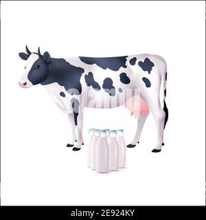 Vache à pois blancs et noirs réalistes avec ensemble de biberons à lait illustration vectorielle Illustration de Vecteur