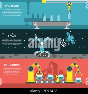 Bandeau horizontal de bras robotisé avec espace et convoyeur automobile plat illustration vectorielle isolée des éléments Illustration de Vecteur