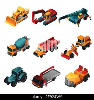 Machines de construction isométrique équipées d'un tracteur à bulldozer bas en polyéthylène et illustration vectorielle isolée de la pelle hydraulique Illustration de Vecteur
