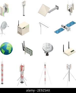 Ensemble d'icônes isométriques d'équipements de communication sans fil comme les tours satellites antennes routeur et autre illustration vectorielle isolée Illustration de Vecteur