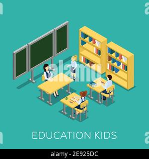 Concept d'éducation avec les enfants et l'école sur fond bleu isométrique illustration vectorielle Illustration de Vecteur