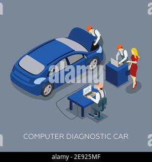 Bannière isométrique de diagnostic automobile avec l'équipe mécanique et les clients conçoivent des illustrations vectorielles abstraites Illustration de Vecteur