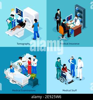 Relation entre le médecin du patient et d'autres membres du personnel médical sur un illustration vectorielle de l'ensemble d'icônes isométriques de l'examen médical Illustration de Vecteur