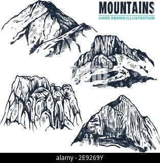 Contours dessinés à la main de différentes formes de montagnes et de ses illustration vectorielle isolée des pics sur fond blanc Illustration de Vecteur
