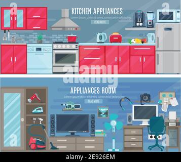 Banderoles horizontales pour la maison avec appareils électroniques et numériques dans la cuisine et l'intérieur de la pièce illustration vectorielle plate Illustration de Vecteur