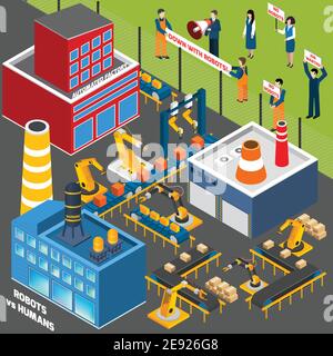 Des icônes isométriques, aux côtés des humains, protestent contre le concept illustration vectorielle de l'industrie de l'automatisation Illustration de Vecteur