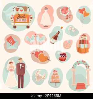 Mariage engagement fête et lune de miel concept amour romantique symboles icônes définit l'illustration vectorielle isolée abstraite Illustration de Vecteur