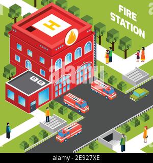 Conception du concept de bâtiment de service d'incendie avec camions d'incendie et illustrations vectorielles isométriques pour les personnes sur les trottoirs Illustration de Vecteur