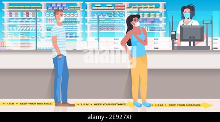 les patients qui restent en file d'attente au comptoir de la pharmacie doivent rester à distance pour éviter coronavirus pandémie social distancing concept drugstore intérieur horizontal pleine longueur illustration vectorielle Illustration de Vecteur