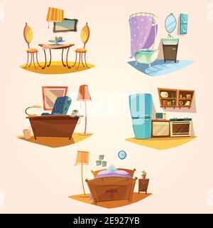 Décor intérieur style caricature rétro avec mobilier vintage, illustration vectorielle isolée Illustration de Vecteur