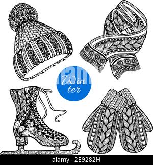 Hiver tricoté accessoires de mode pictogrammes de bonnet mitaines et foulard illustration isolée vectorielle abstraite style doodle noire Illustration de Vecteur