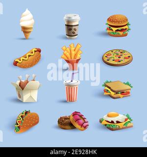 Menu de restauration rapide de la collection d'icônes avec le café de hot dog de beignet et cheeseburger abstrait couleur isolé illustration vectorielle Illustration de Vecteur