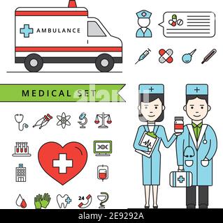 Kit de concept de médecine avec ambulanciers médecins de voiture et équipement médical icônes illustration vectorielle isolée Illustration de Vecteur