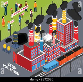 Des icônes isométriques aux côtés des humains protestent contre la pollution industrielle illustration vectorielle Illustration de Vecteur