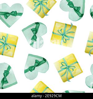 Motif aquarelle dessiné à la main sans couture avec boîtes-cadeaux vertes et jaunes avec noeuds en ruban. Décoration anniversaire. Le jour de la St Patrick irlandaise est de couleur émeraude sur fond blanc Banque D'Images