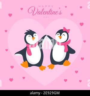 Illustration vectorielle de la carte de Saint-Valentin. Couple de pingouins mignon marchant ensemble dans l'amour Illustration de Vecteur