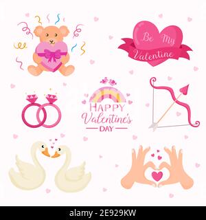 Illustration vectorielle de la carte de Saint-Valentin. Collection d'éléments de la Saint-Valentin avec coeurs, oiseaux, ours en peluche, bague d'engagement en diamant et bien plus encore Illustration de Vecteur