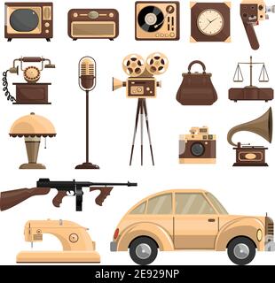 Objets rétro avec une voiture, un microphone et un illustration vectorielle isolée plate de la caméra Illustration de Vecteur