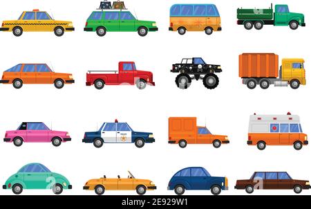 Différents types d'icônes de voitures sont définis avec bus Truck et illustration vectorielle isolée plate de voiture de police Illustration de Vecteur