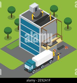 Constructions ouvriers complétant moderne panneau de verre bâtiment toiture bannière isométrique avec illustration vectorielle abstraite pour camion utilitaire Illustration de Vecteur