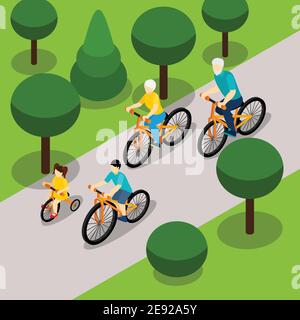 Grands-parents avec deux enfants en vélo dans le parc bannière isométrique illustration vectorielle abstraite du mode de vie actif des retraités Illustration de Vecteur