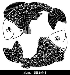 Style tatouage. Silhouette vectorielle des flèches et de l'arc isolée sur fond blanc. Signe du zodiaque poissons. Poisson. Arrière-plan abstrait Illustration de Vecteur