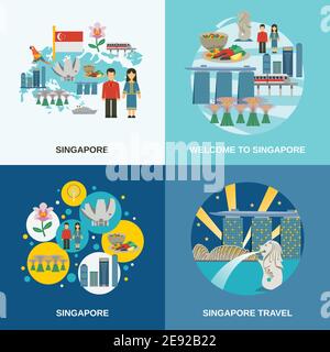 Attractions touristiques à Singapour 4 plate icônes composition affiche avec symboles culturels pictogrammes abstrait illustration vectorielle isolée Illustration de Vecteur