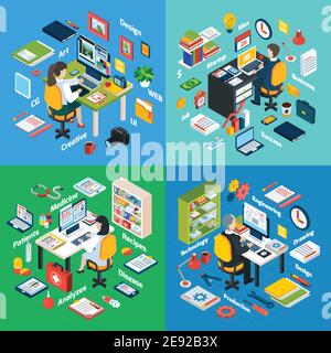 Lieux de travail professionnels du gestionnaire de démarrage d'entreprise et du médecin 4 icônes isométriques composition carrée abstrait vecteur illustration isolée Illustration de Vecteur