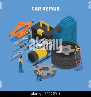 Concept isométrique avec outils et équipements utilisés dans la réparation automobile avec des figures de l'illustration vectorielle des travailleurs Illustration de Vecteur