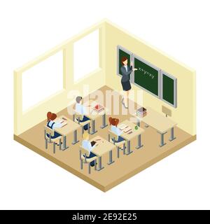École avec garçons filles et un enseignant dans un petit illustration vectorielle isométrique pour salle de classe Illustration de Vecteur